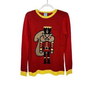 Norther Pole Squirrel Nutcracker Christmas Sweater Red Yellow Womens XS